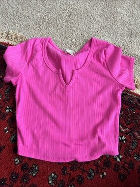 Hot Pink Ribbed Short-Sleeve Top